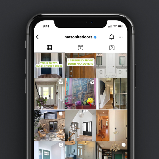 A mobile view of the @masonitedoors Instagram account, with a grid of Instagram images of doors