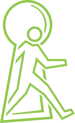A green icon of a person walking through a keyhole